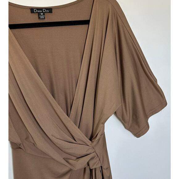 Dressy Day Brown Short Sleeve Drape Crossover Stretchy Midi Dress, Size M - Picture 4 of 5